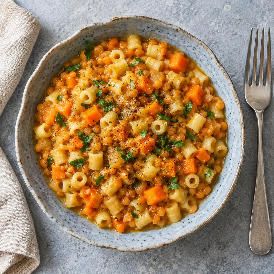Pasta e lenticchie : portion de pâtes et lentilles corail dans une sauce crémeuse orange et carottes, servie dans un bol bleu-gris.