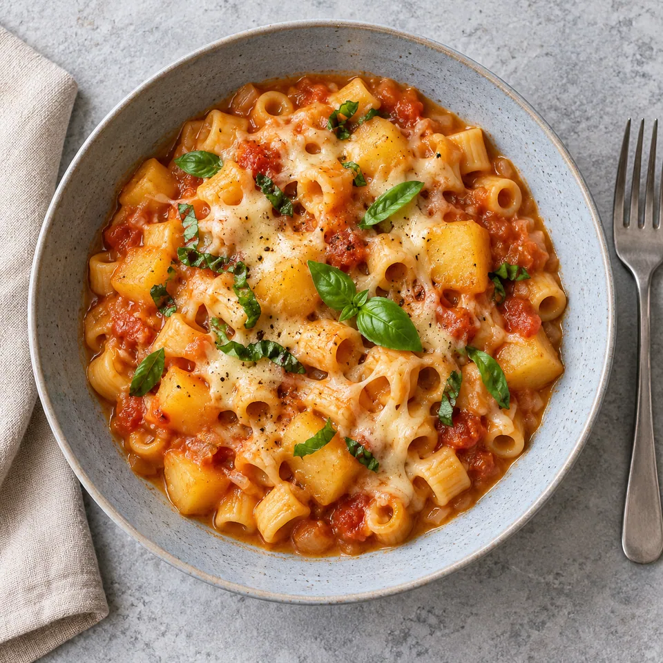 Pasta e patate à la napolitaine avec emmental fondant servi dans une assiette creuse bleu-gris, pâtes et pommes de terre en dés nappées de sauce.