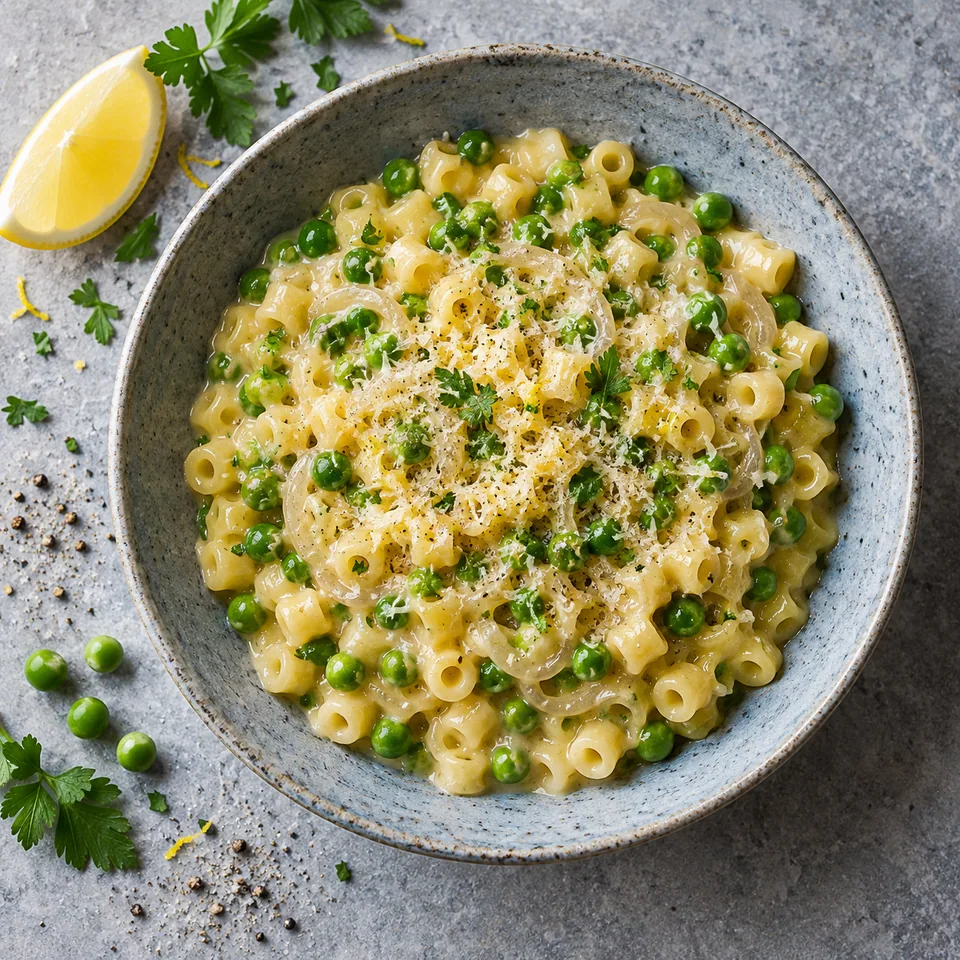 Pasta e piselli : pâtes crémeuses aux petits pois verts dans une assiette bleu-gris.