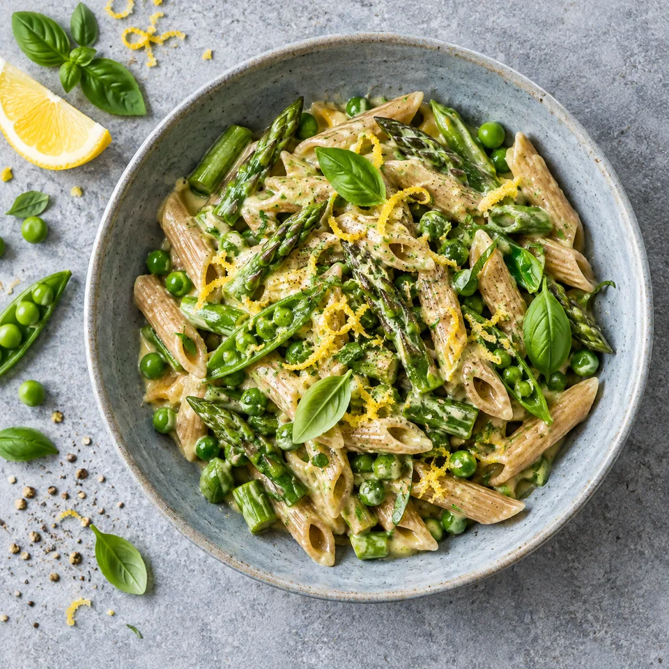 Pasta primavera aux légumes verts et citron dans une assiette creuse bleu-gris, avec penne, asperges, pois et sauce crémeuse.