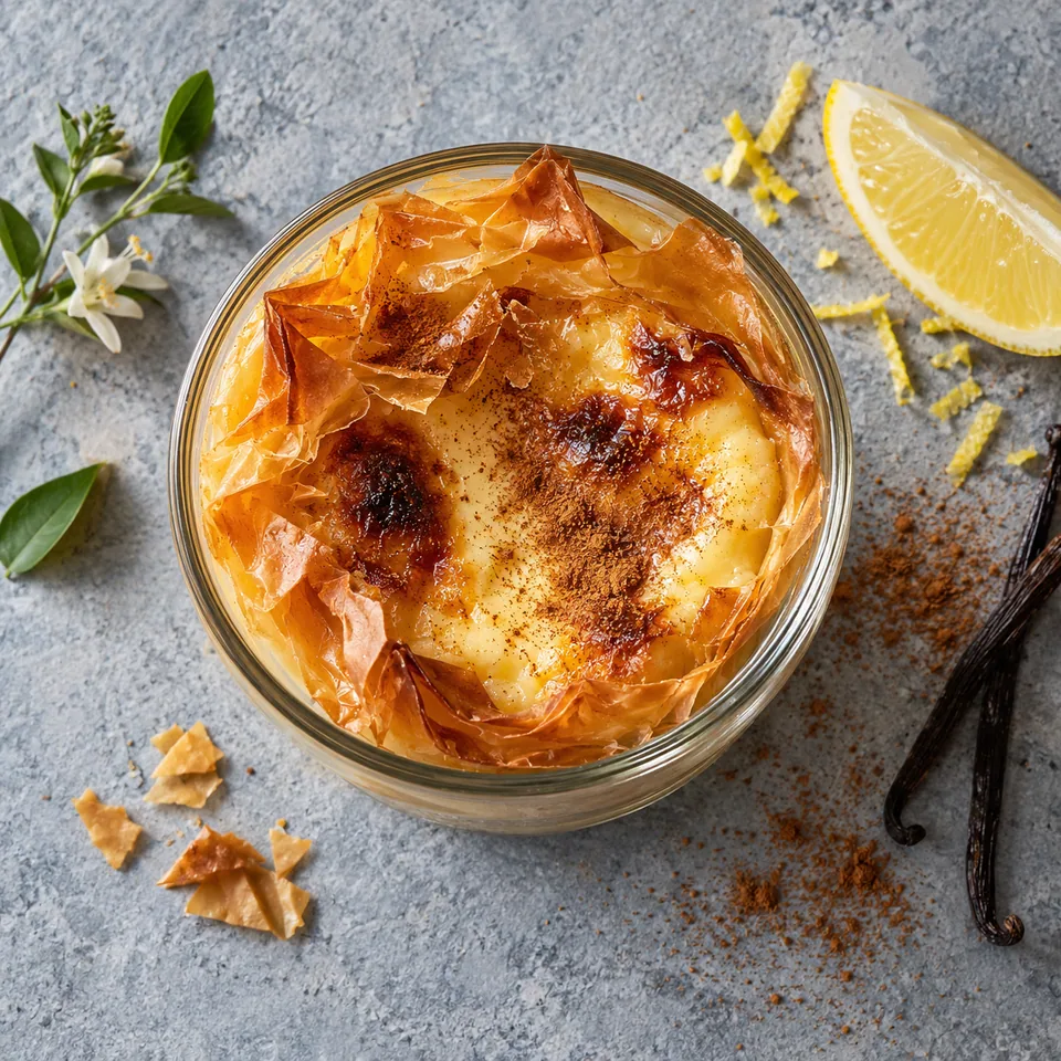 Pastéis de nata filo vanille-citron : crème lisse sous une croûte de filo dorée et croustillante dans une verrine.