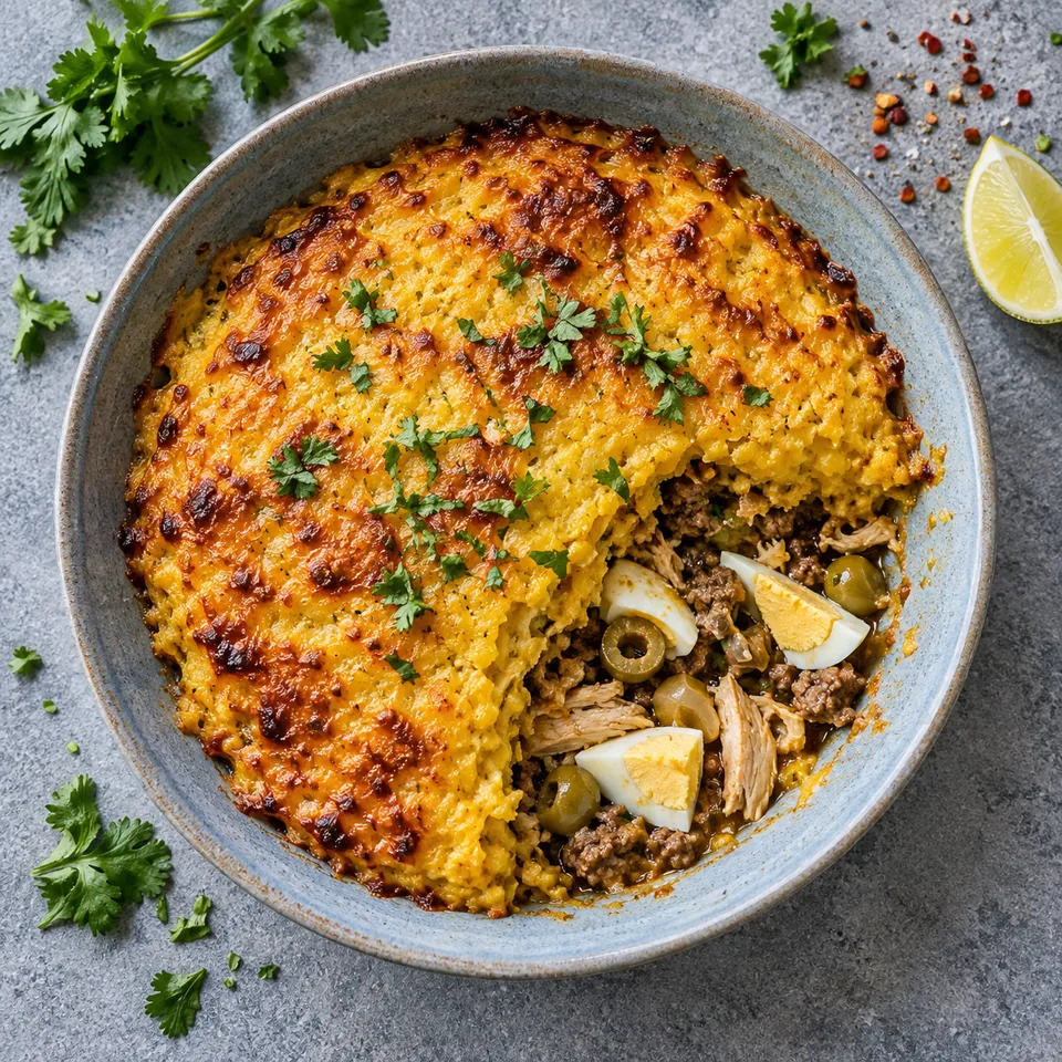 Pastel de choclo au bœuf et au poulet : gratin doré avec maïs, poulet, œufs et olives.