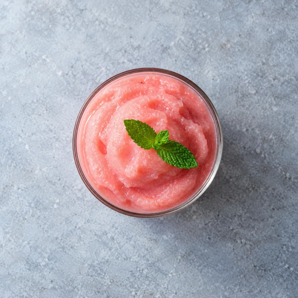 Pastèque glacée à la menthe : deux verres de glace rose pâle garnis d'une feuille de menthe fraîche.
