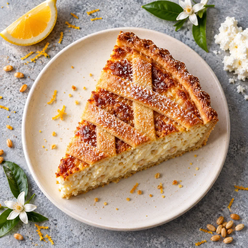 Part de Pastiera napolitaine à la ricotta sur assiette blanche, croûte dorée en croisillons et garniture crémeuse visible.