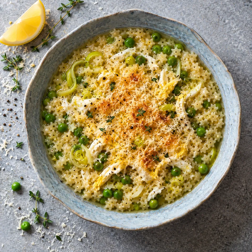 Bol de pastina au bouillon avec œuf filé, petits pois verts et fromage râpé doré.