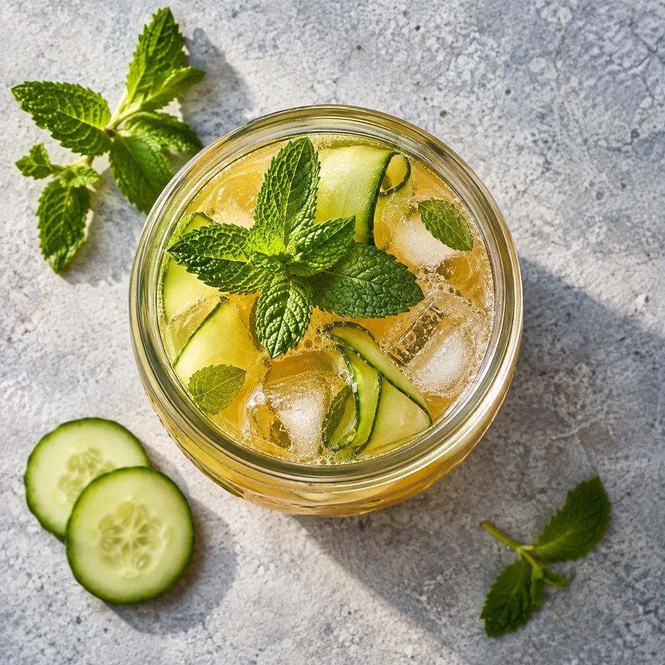 Pastis au concombre et à la menthe dans un bocal en verre avec glaçons, rubans de concombre et menthe fraîche.
