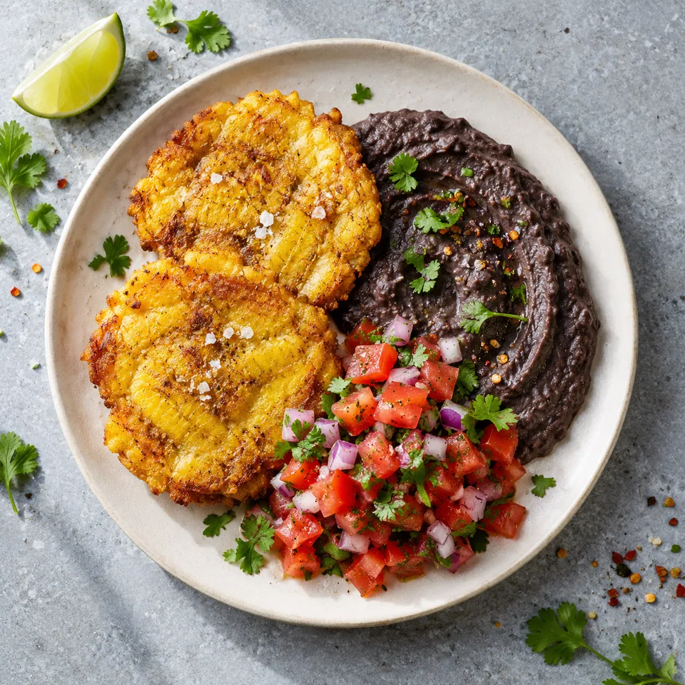 Patacones, purée de haricots noirs et pico de gallo : deux disques de plantain dorés, purée noire et salade de tomates fraîches sur assiette blanche.