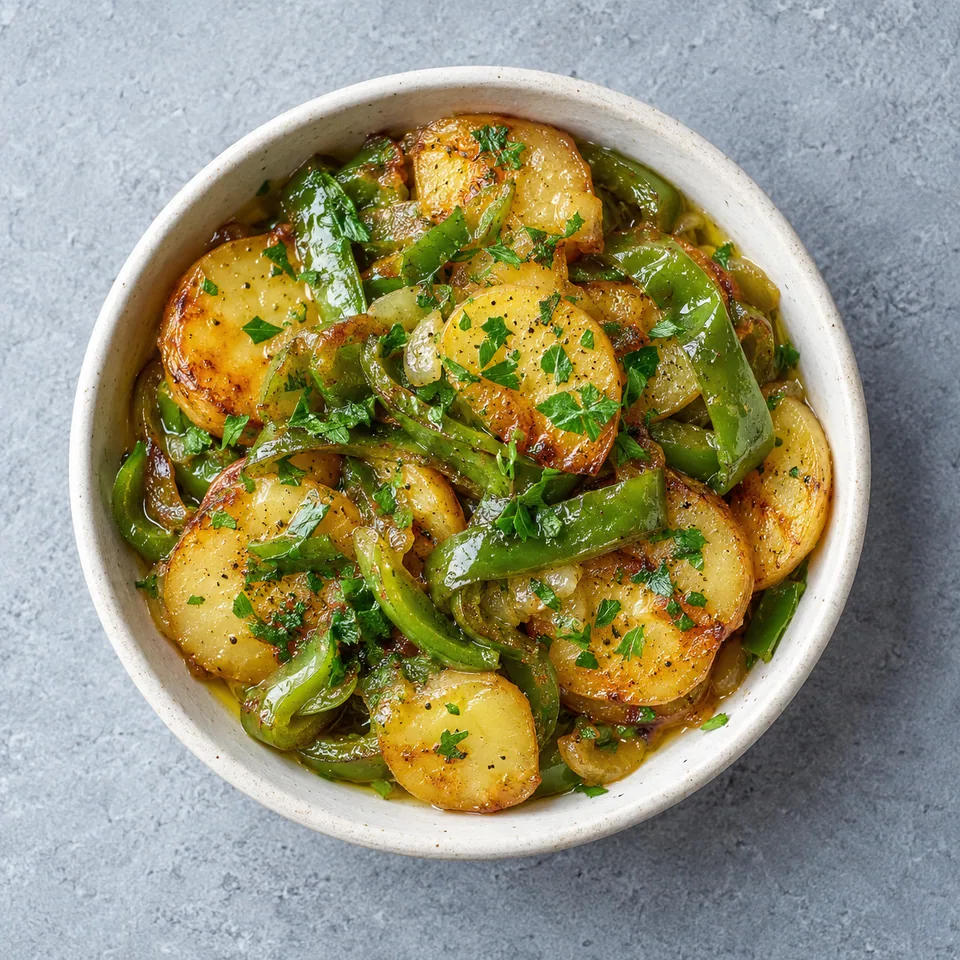 Patatas a lo pobre : pommes de terre et poivrons mijotés dans un bol blanc, parsemés de persil.