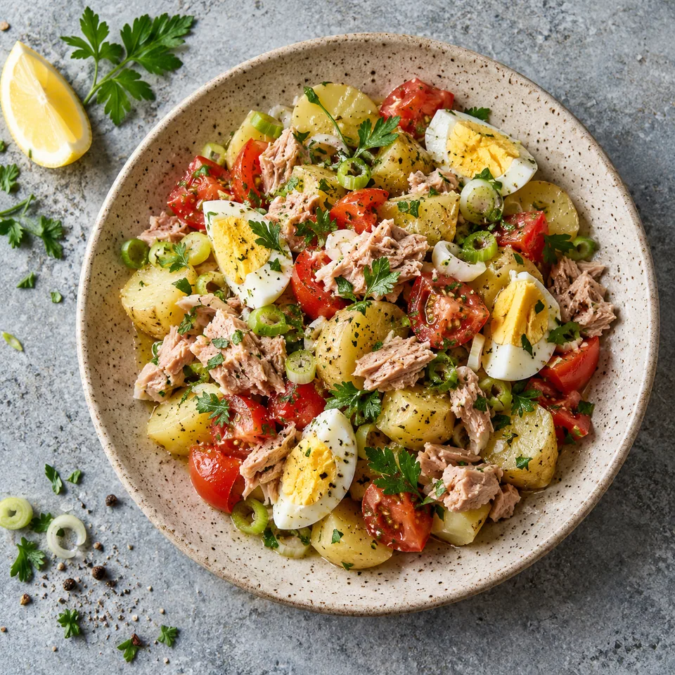 Assiette de patatas aliñadas aux tomates et au thon, avec pommes de terre, œufs durs, thon et persil sur fond beige moucheté.
