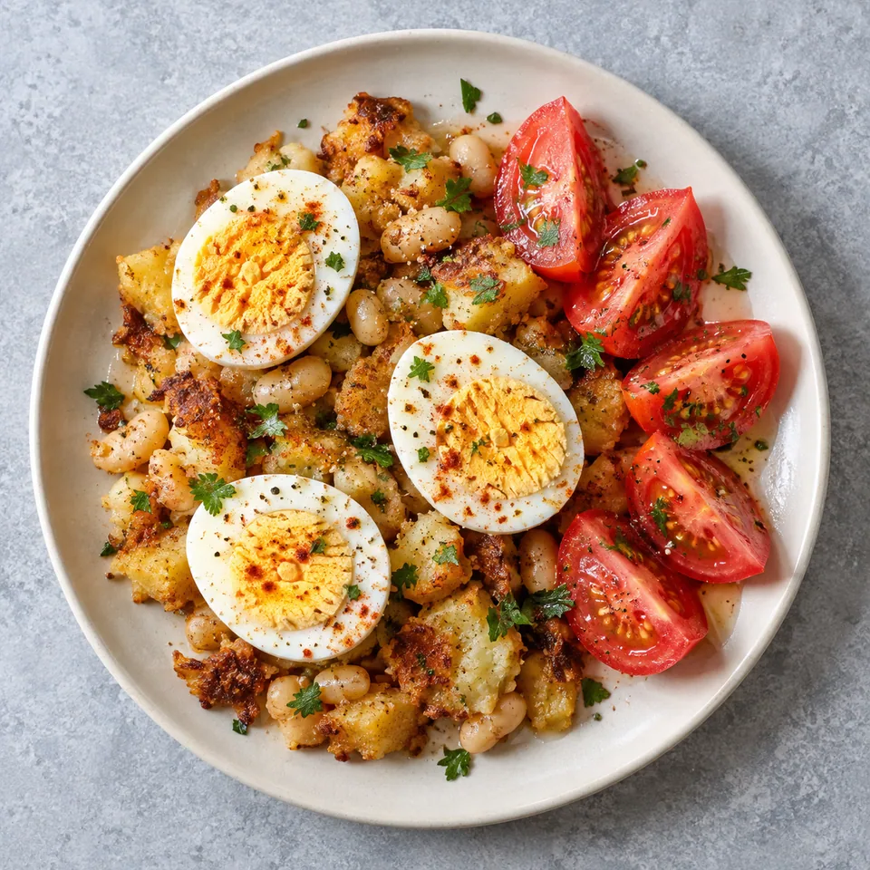 Patatas meneadas : pommes de terre écrasées dorées, œufs bien cuits et tomates fraîches sur assiette blanche.