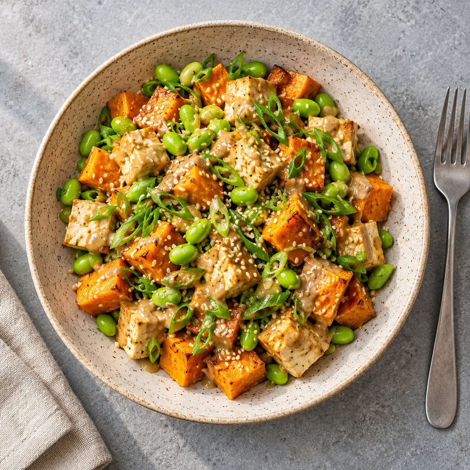 Patate douce au micro-ondes, tofu et sauce sésame servie sur une assiette beige mouchetée, garnie de ciboule et graines de sésame.