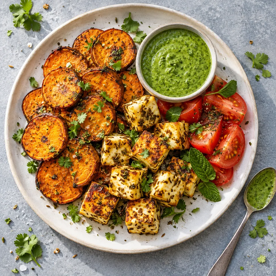 Assiette de patate douce dorée et paneer au cumin, avec sauce verte à la coriandre et tomates fraîches.
