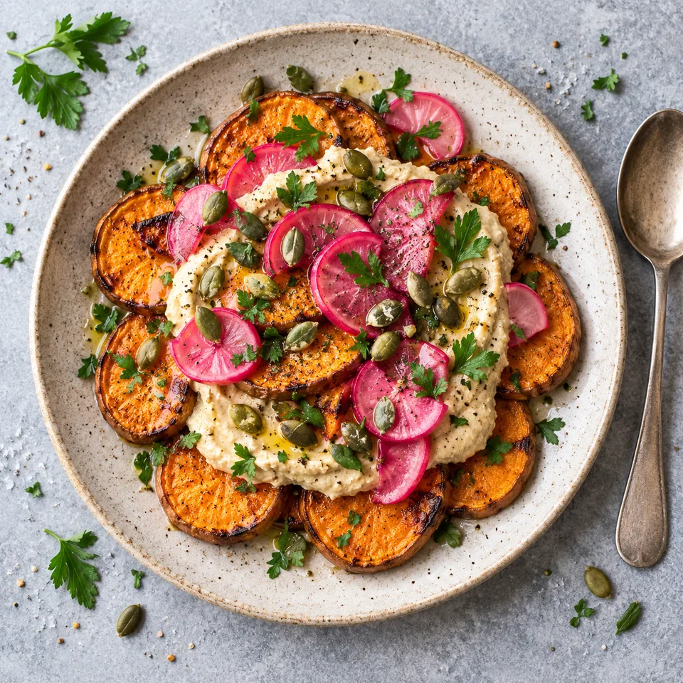 Patate douce grillée, houmous et pickles de radis : tranches dorées nappées de houmous, garnies de radis rose et graines de courge.