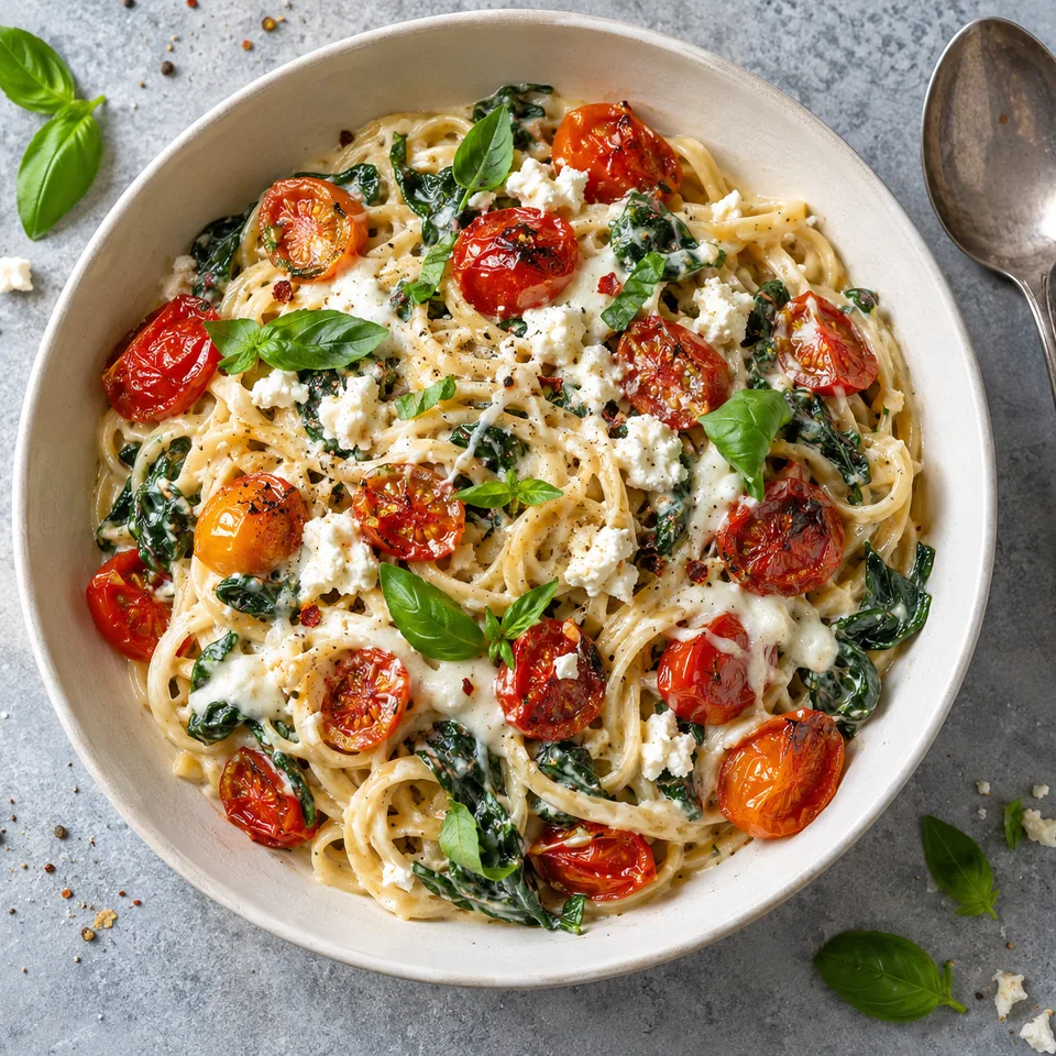 Pâtes à la feta fondante et tomates rôties dans un bol blanc cassé, sauce crémeuse, tomates dorées et basilic frais.