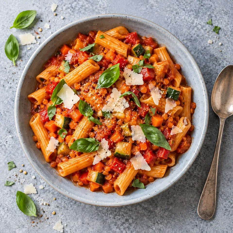 Pâtes à la sauce tomate aux cinq légumes cachées dans une assiette creuse bleu-gris, garnies de fromage et basilic.
