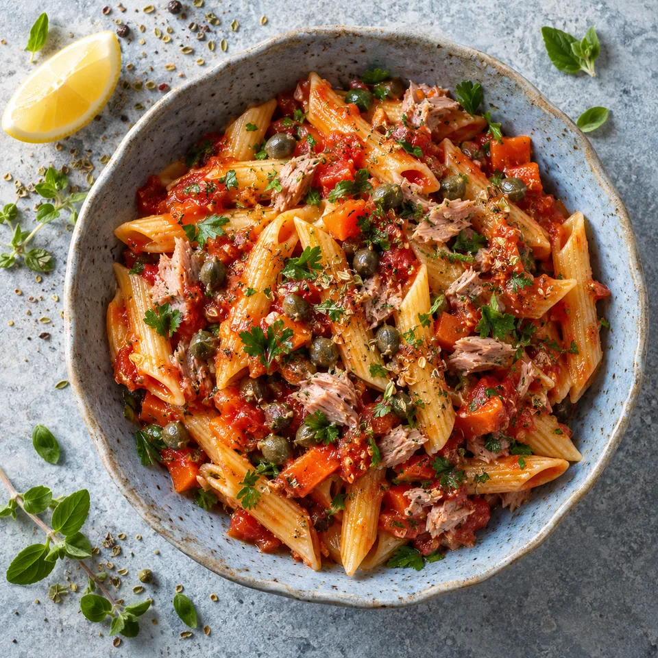 Bol de pâtes à la tomate, thon et câpres : pâtes rouges, carottes orange, thon rose et persil vert dans un bol bleu-gris.
