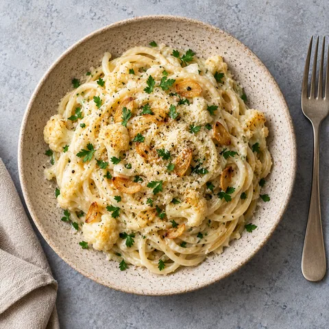 Pâtes alfredo de chou-fleur à l’ail doré