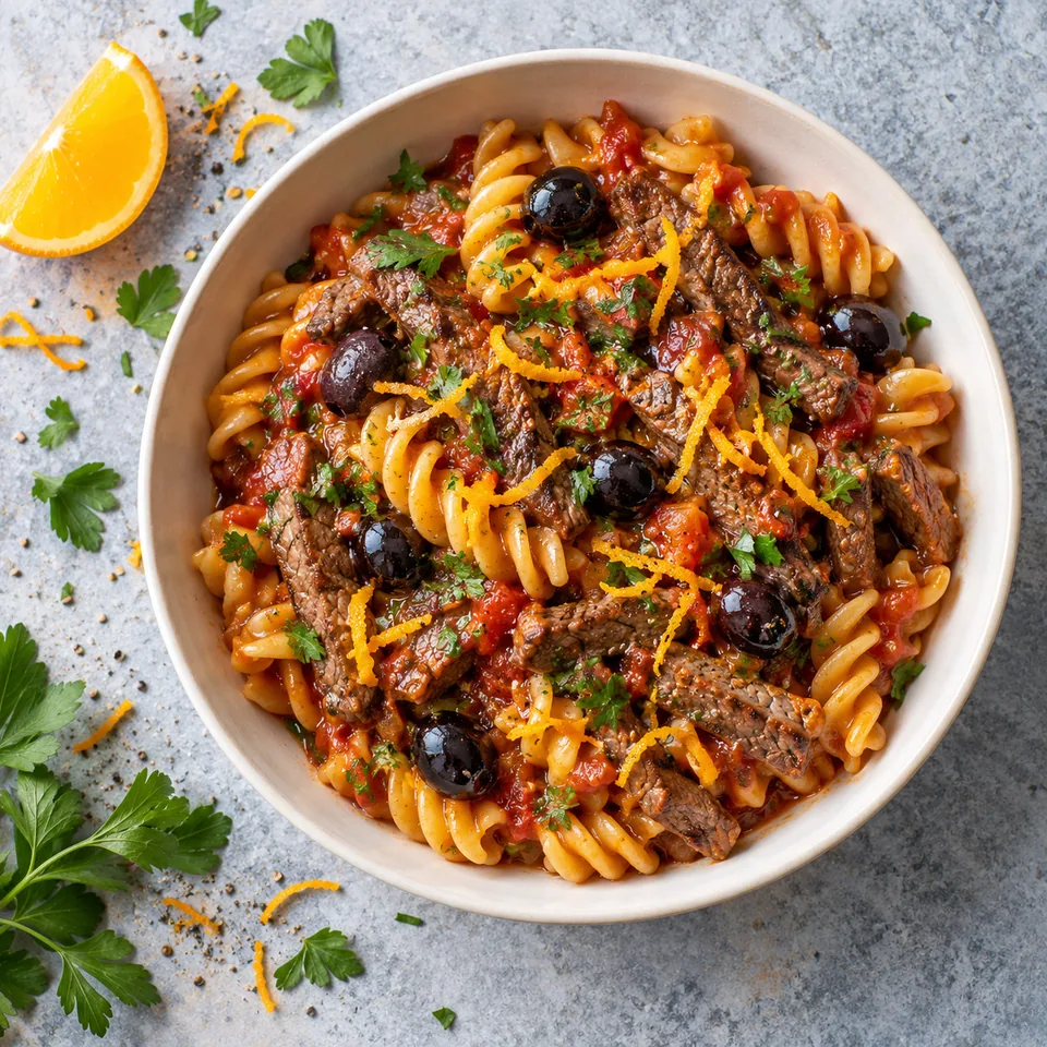 Pâtes au bœuf provençal, olives et orange dans un bol blanc cassé, sauce tomate, lanières de viande, olives noires, zestes d'orange et persil.