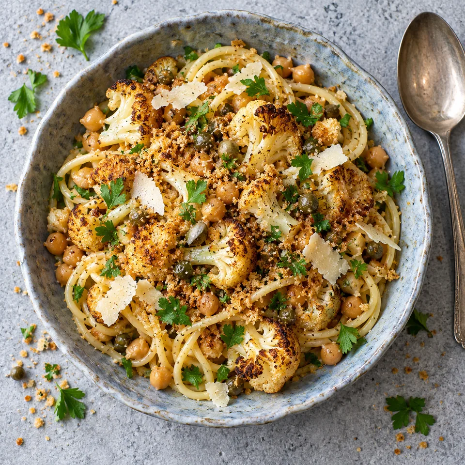 Bol de pâtes au chou-fleur rôti, pois chiches, chapelure dorée et persil, vue de dessus.