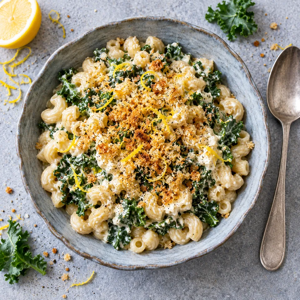 Bol de pâtes au kale, ricotta et citron, garni de chapelure dorée.