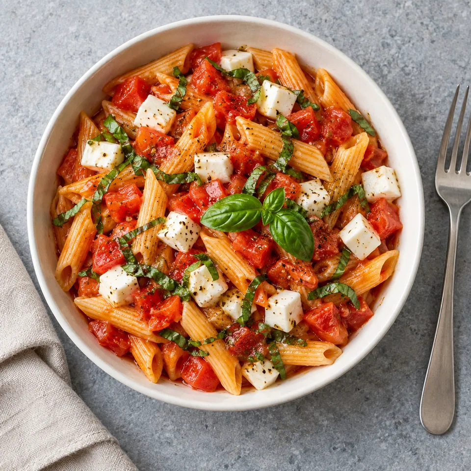 Bol de pâtes au pomodoro crudo avec dés de mozzarella et basilic vert sur fond blanc cassé.