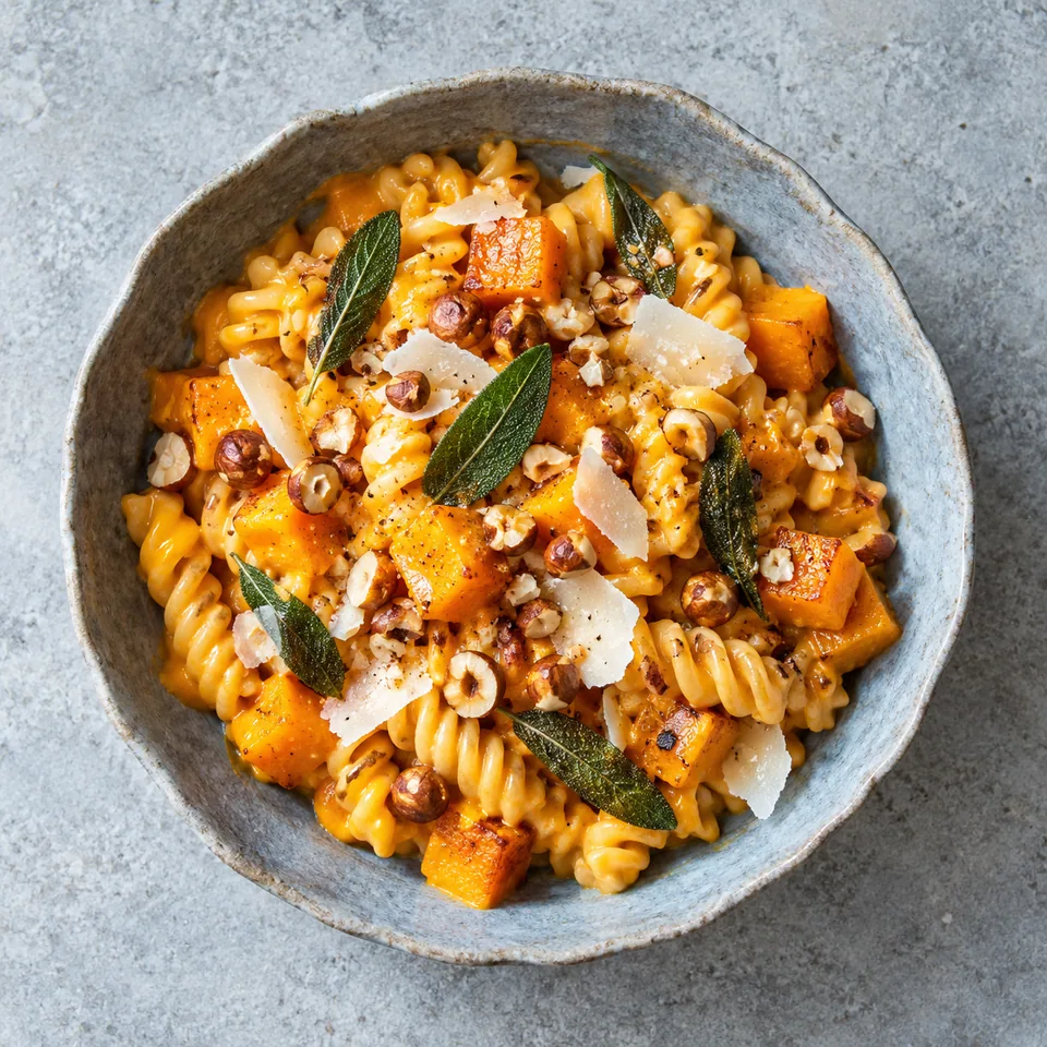 Bol de pâtes au potiron et sauge, garni de noisettes grillées et fromage râpé.