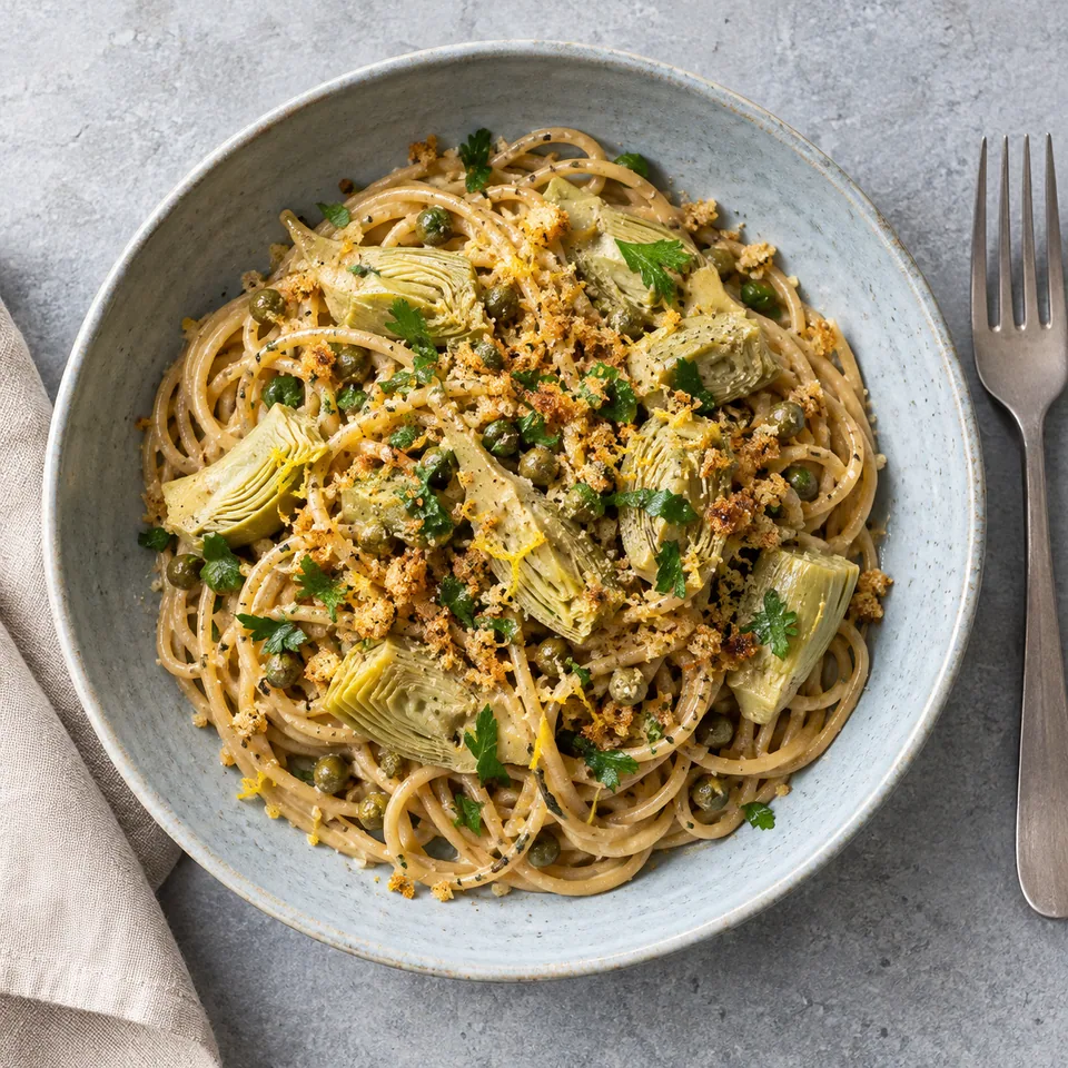 Pâtes aux artichauts, citron et câpres : spaghettis complets nappés, artichauts émincés, chapelure dorée et câpres sur assiette bleue-gris.