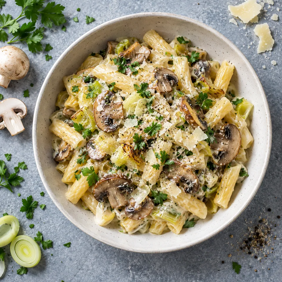 Pâtes aux champignons, poireaux et fromage frais dans un bol blanc, garnies de persil.