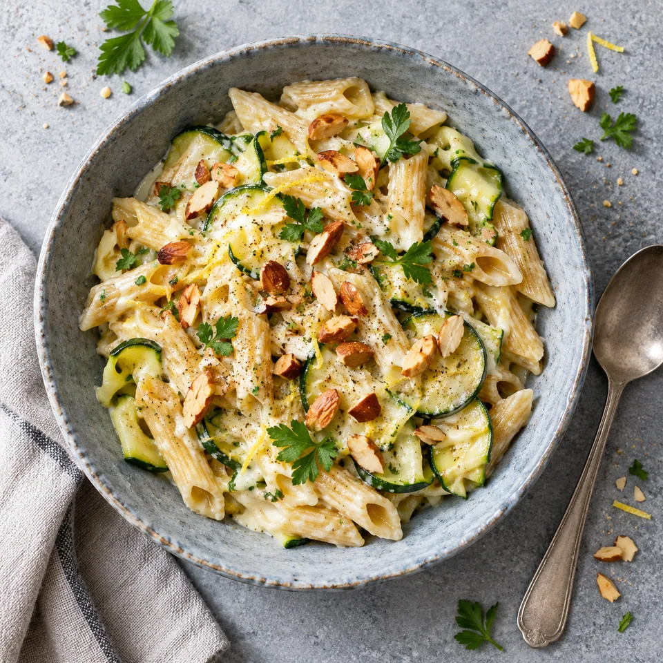 Bol de pâtes aux courgettes et sauce citronnée, garni d'amandes grillées.