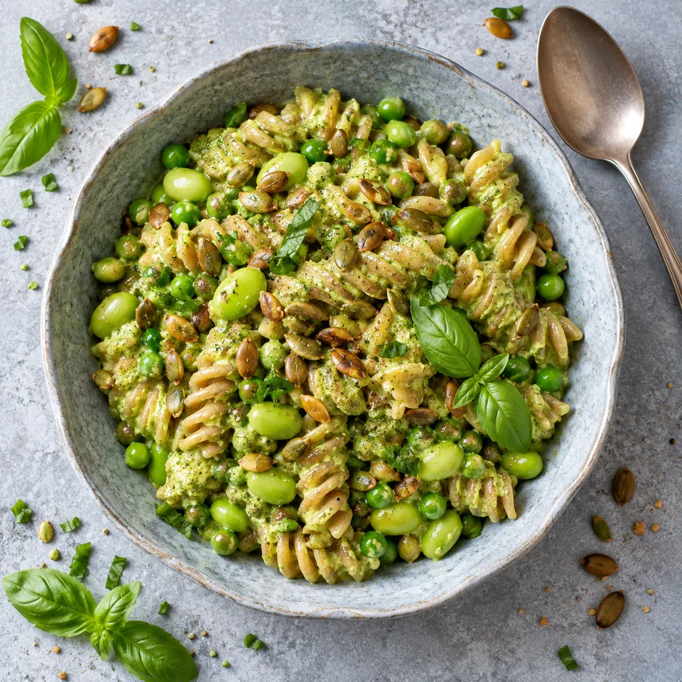Pâtes aux edamame, pois et pesto de basilic dans un bol bleu-gris, garnies de graines de courge.