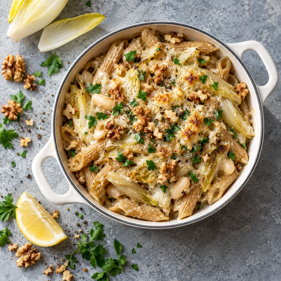Pâtes aux endives, noix et fromage : pâtes complètes dans une cocotte blanche, nappées de sauce crémeuse, haricots blancs, noix concassées et persil.
