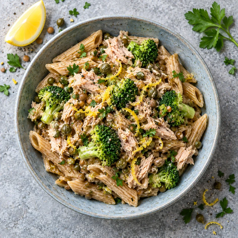 Pâtes complètes au brocoli, thon et citron dans une assiette creuse bleu-gris, garnies de thon émietté et de câpres.