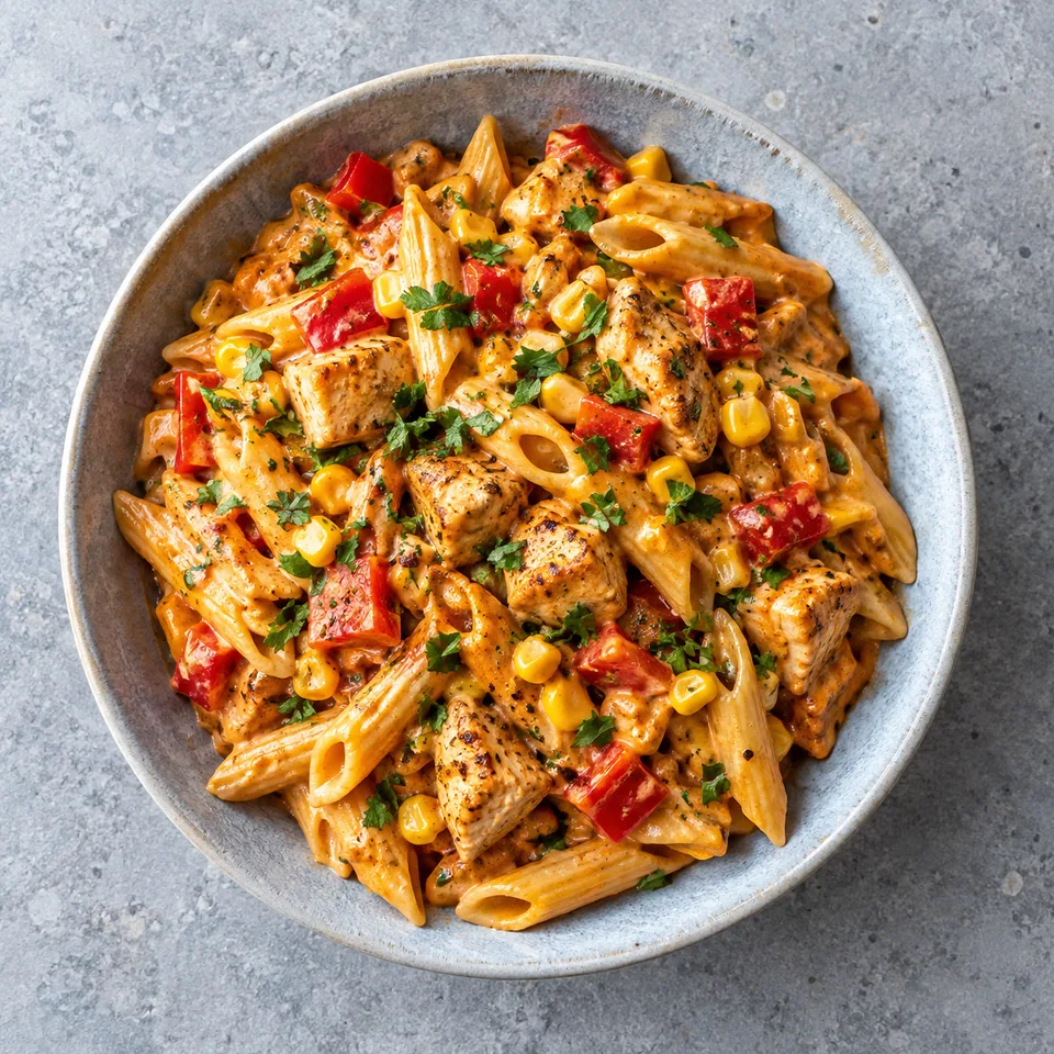Pâtes crémeuses au chipotle, poulet et maïs dans une assiette bleu-gris, sauce orange, poulet, poivron rouge, maïs et coriandre.