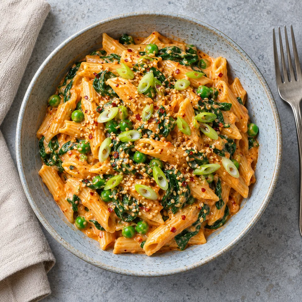 Pâtes crémeuses au piment coréen et fromage dans une assiette creuse bleu-gris, garnies de pois, épinards, oignon et sésame.
