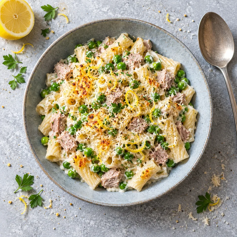 Pâtes crémeuses au thon, ricotta et citron dans une assiette creuse bleu-gris, garnies de petits pois et de zeste de citron.