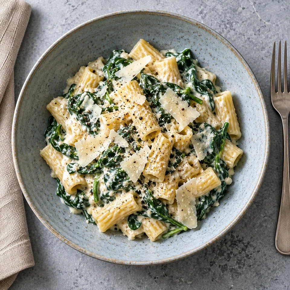 Pâtes crémeuses aux épinards dans une assiette creuse bleu-gris, sauce ricotta et copeaux de fromage.