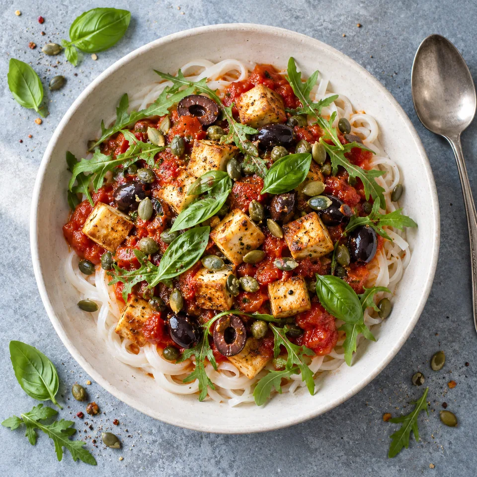 Bol de pâtes de riz à la tomate, tofu doré, roquette et olives noires, garni de graines de courge.