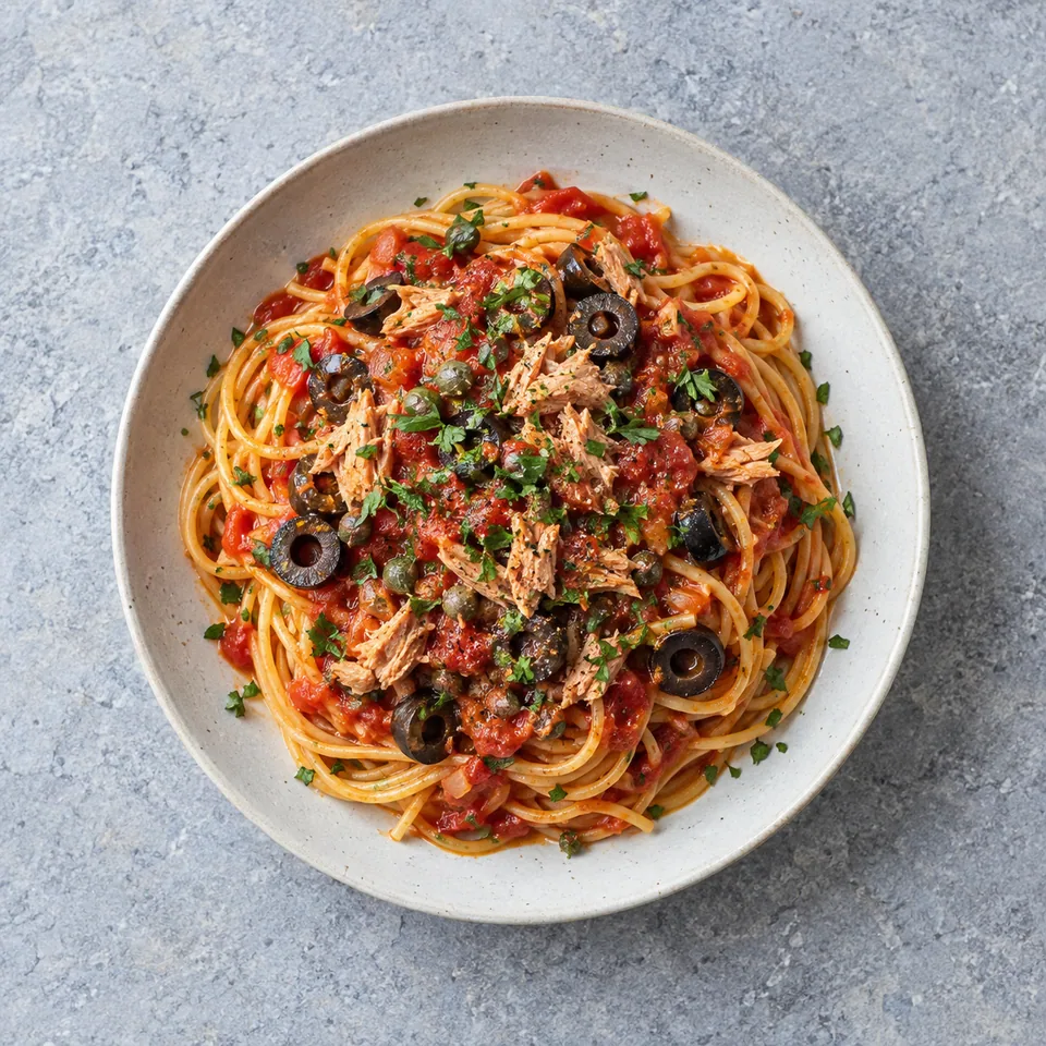 Pâtes puttanesca au thon : spaghetti nappés de sauce tomate, thon émietté, olives noires, câpres et persil.