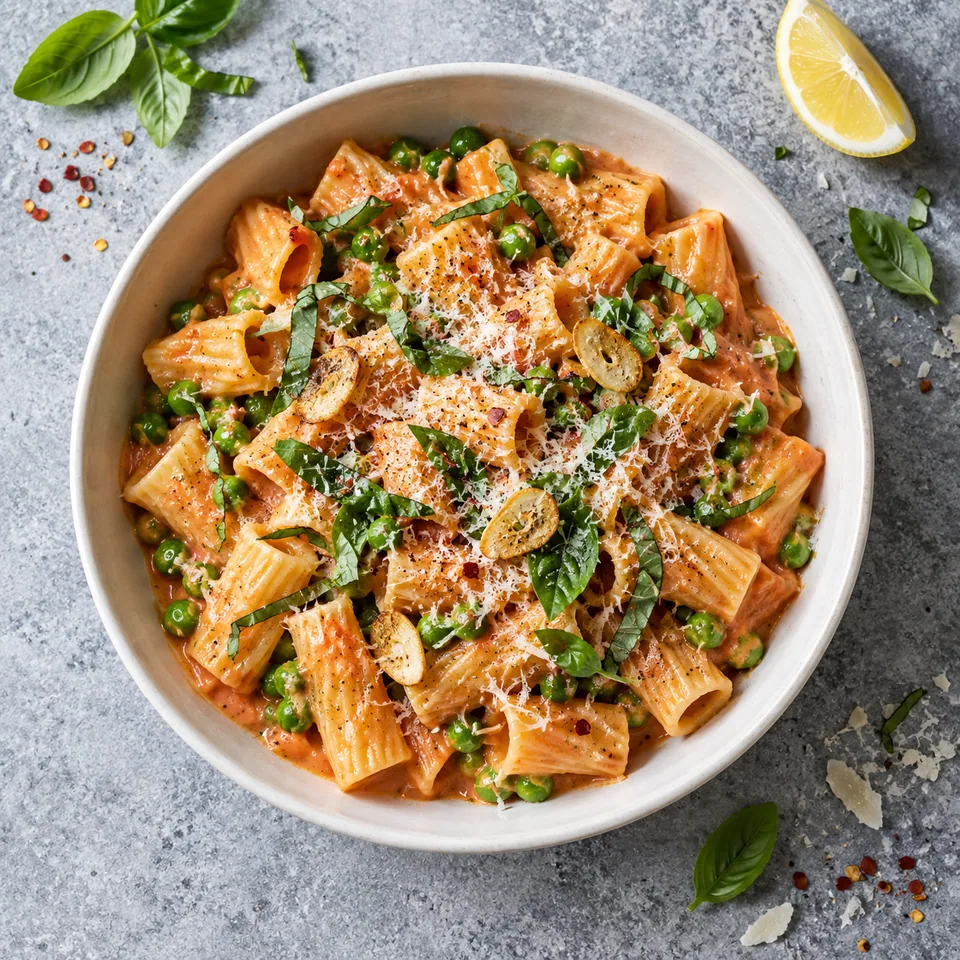 Pâtes rosées au piment et aux petits pois dans un bol blanc cassé, garnies de basilic et fromage râpé.