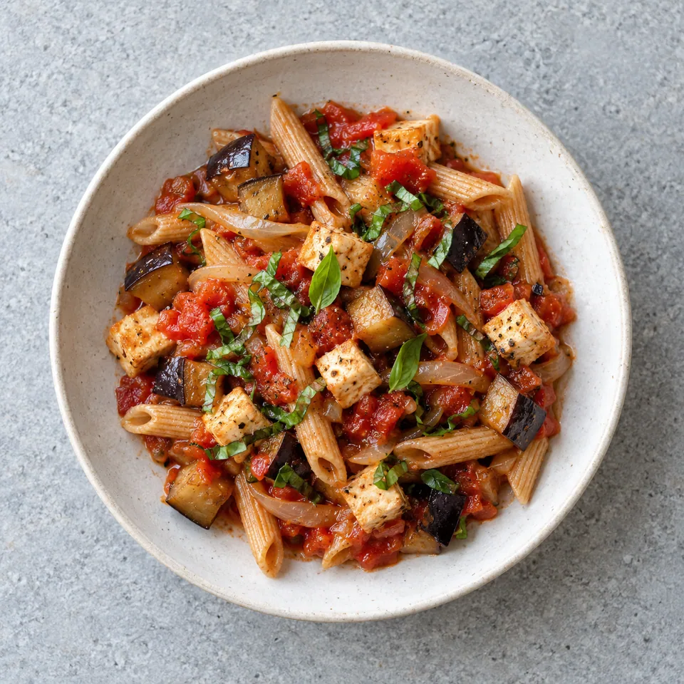 Pâtes aux aubergines, tomate et tofu : pâtes courtes en sauce rouge, dés de tofu et d’aubergine, basilic ciselé.