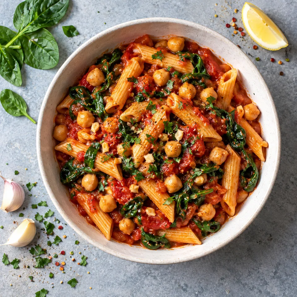 Bol de pâtes tomate pois chiches épinards, sauce rouge épaisse, pois chiches et épinards verts visibles.