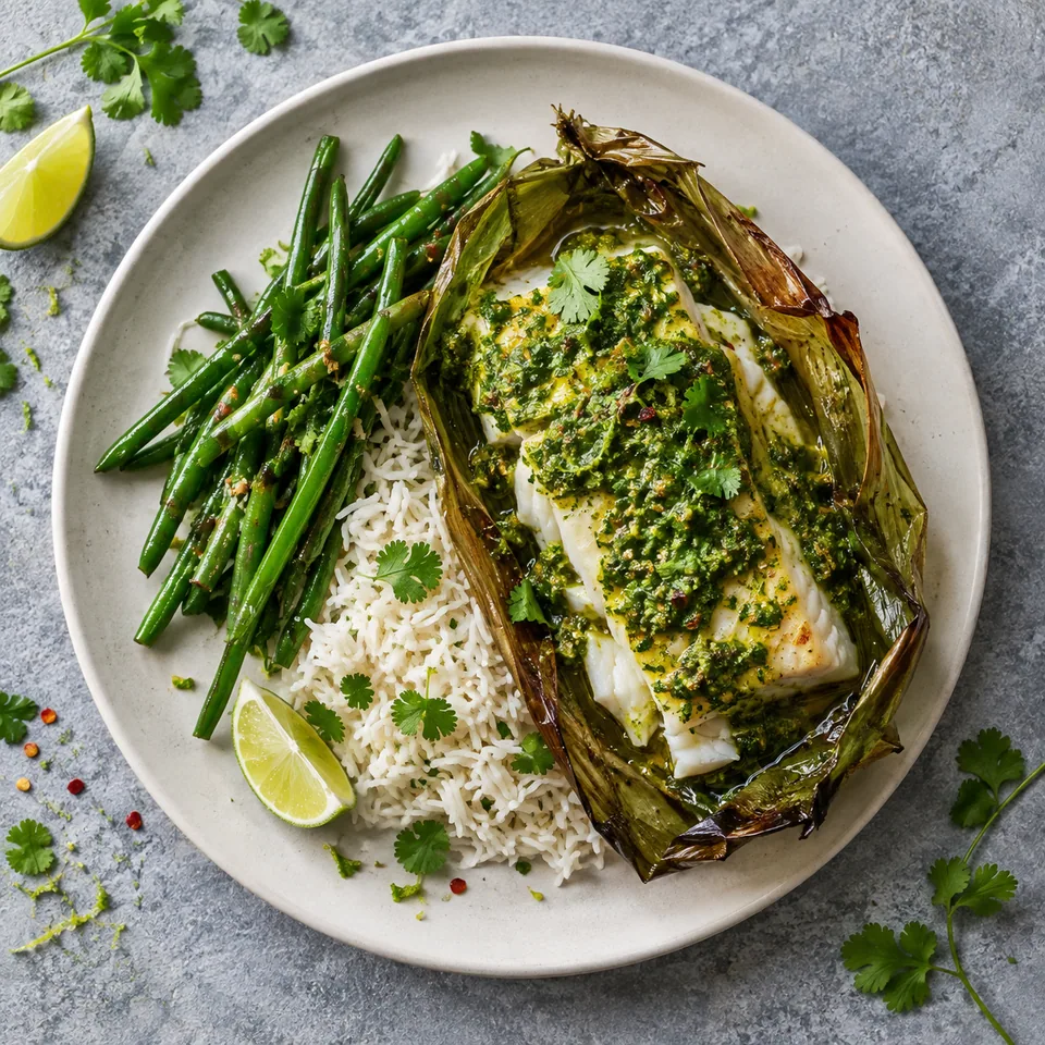 Portion de Patra ni machhi : cabillaud nappé de chutney vert, riz et haricots verts sur assiette blanche.