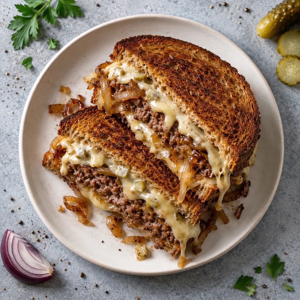 Patty melt au bœuf, oignons caramélisés et emental sur assiette blanche, pain doré et fromage fondu.