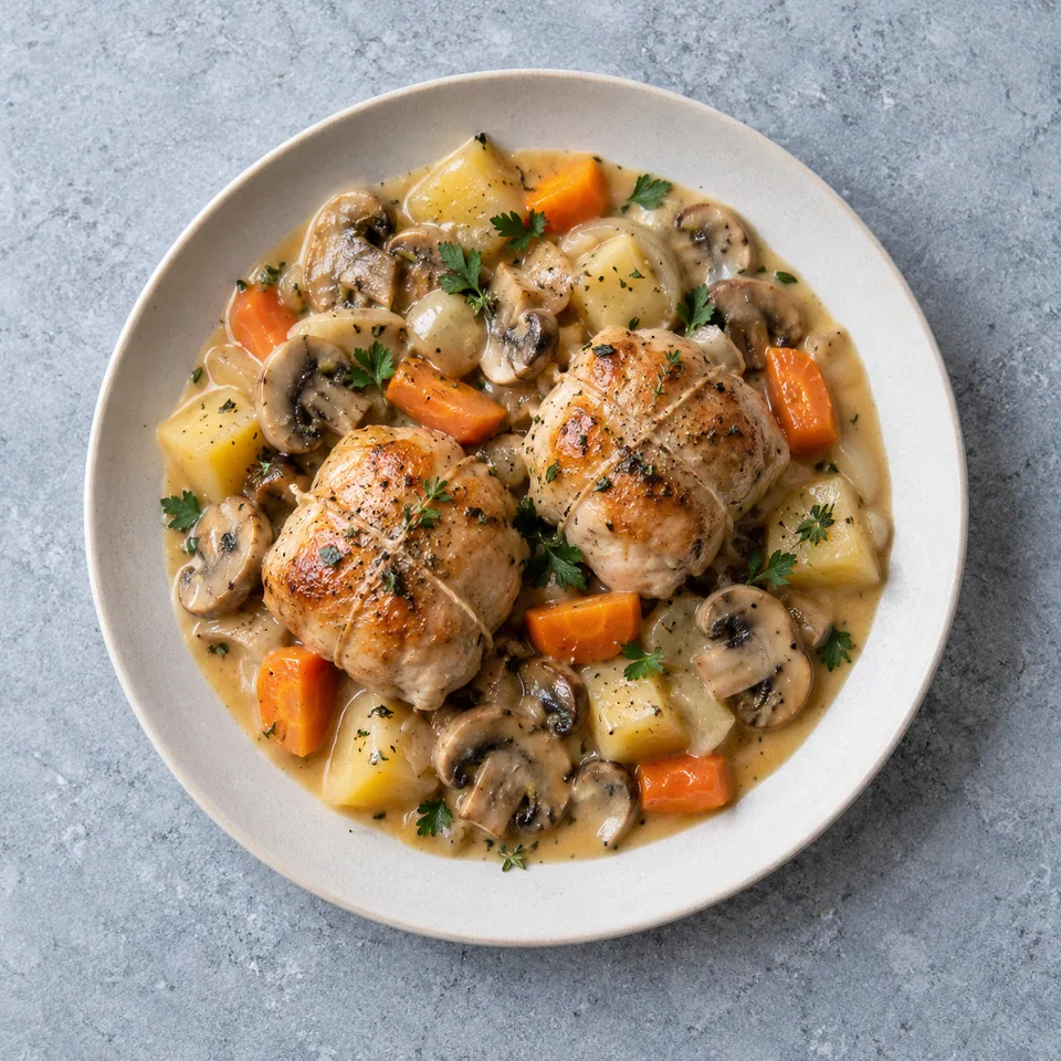Paupiettes de dinde dorées, champignons émincés, dés de pommes de terre et carottes dans une sauce crémeuse, persil parsemé.