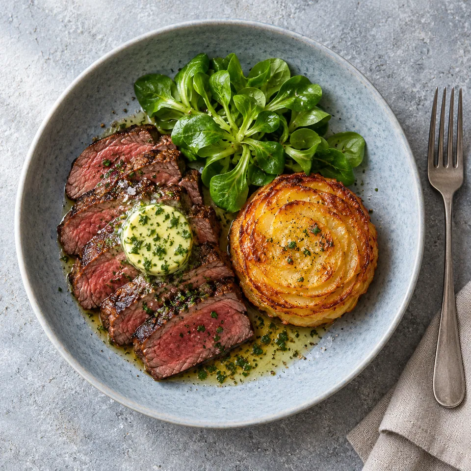 Pavé de bœuf tranché avec beurre aux herbes, pommes Anna dorée et mâche sur assiette bleue