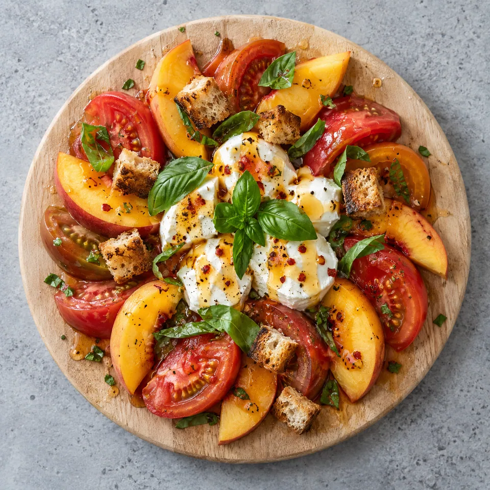 Pêches, tomates et mozzarella au miel pimenté : quartiers de fruits et légumes sur planche en bois avec mozzarella, basilic et croûtons dorés.