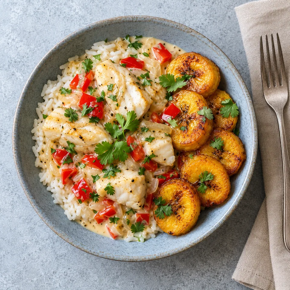 Assiette de lieu au lait de coco avec riz, poivron rouge et banane plantain dorée