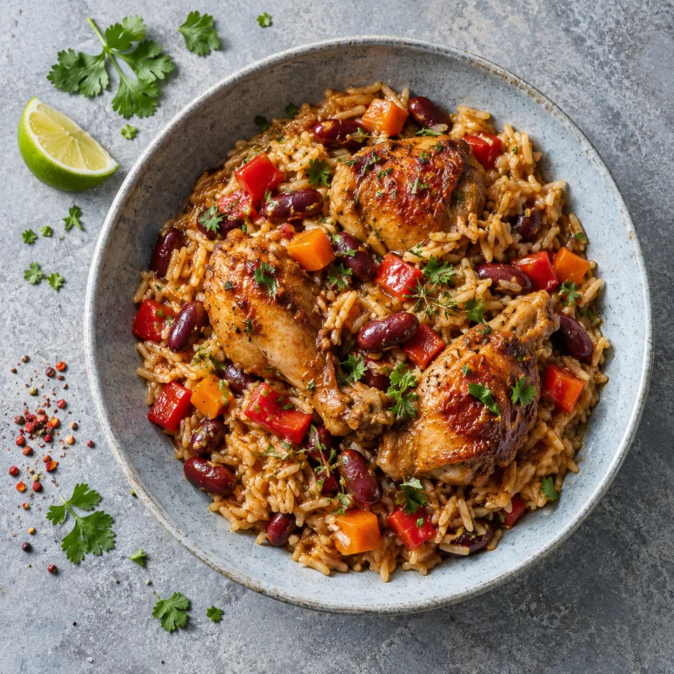 Assiette de Pelau : riz au poulet caramélisé aux haricots rouges et légumes colorés, sauce crémeuse.