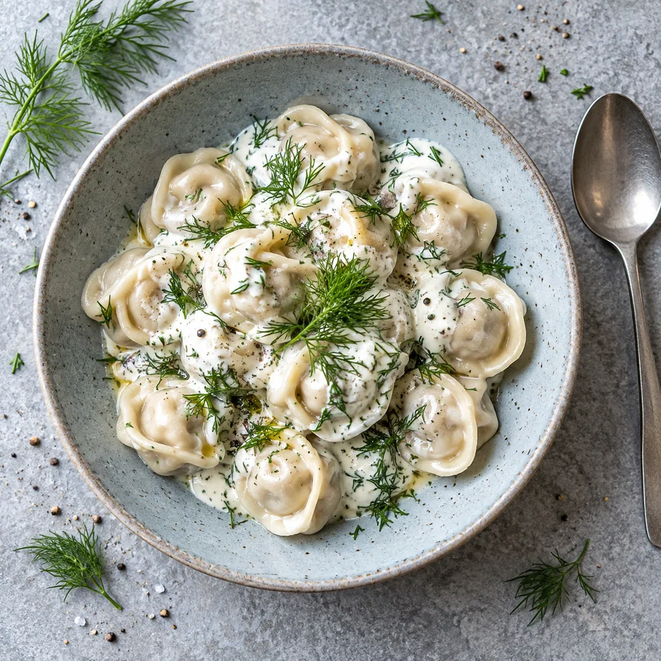 Pelmeni au poulet et sauce au yaourt sur assiette bleu-gris, garnis d'aneth frais.
