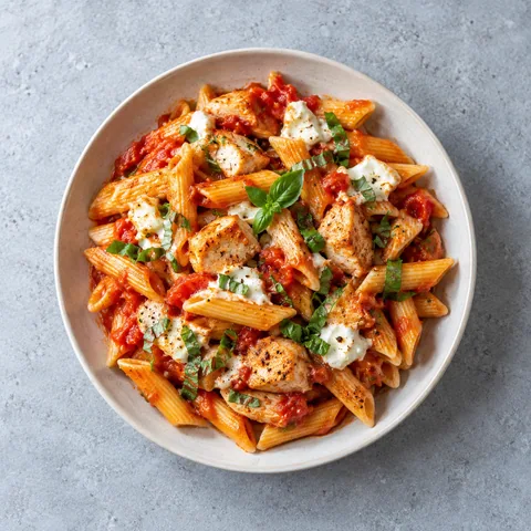 Penne au poulet, tomate et chèvre